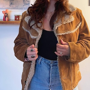 Women&#39;s Coat Shearling Jacket Brown Suede Coat Afghan Leather Coat Vintage Style, Coat 70s Boho Coat Penny Lane Coat Fur Collar Gift for Her