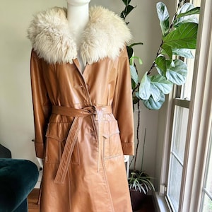 Handmade Penny Lane Style Trench Coat for Women – Vintage 80s Long Brown Sheepskin Leather with Fur Collar | Gift for Her