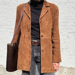 Blazer Vintage Femme en Daim Marron Années 90 – Veste Western Ample Minimaliste | Manteau Cowgirl | Cadeau Rétro pour Elle