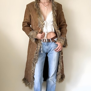 Handmade Women&#39;s Brown Penny Lane Coat – 70s And 80&#39;s Vintage Afghan Suede Leather Trench with Long Shearling Fur, Boho Hippie Winter Gift