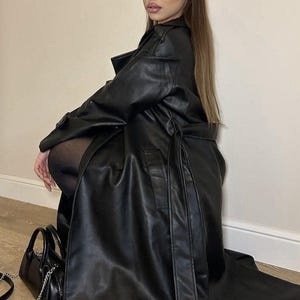 Women&#39;s Black Sheepskin Leather Trench Coat – Long Real Leather Overcoat with Button & Belt Closure | Elegant Christmas Gift for Her