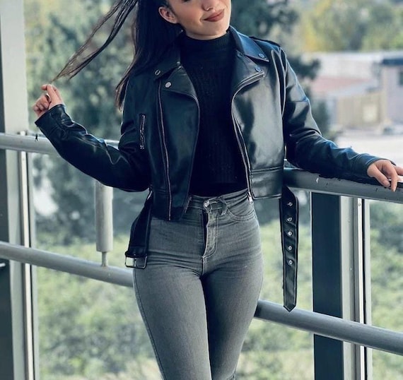 Cropped Ladies Leather Shirt Cropped Women's 90s Style Black