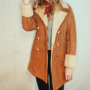 Women’s Vintage Sheepskin Suede Coat | Oversized Brown Leather Jacket with Shearling Lining | Handmade Warm Winter Outerwear | Gift for Her