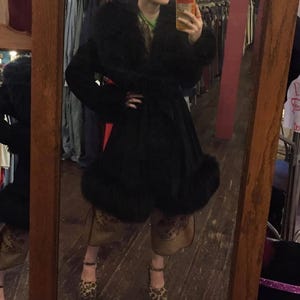 Vintage 90&#39;s Mongolian Shearling Coat for Women Long Black Suede Leather Afghan with Bohemian Fur Trim Penny Lane Style Perfect Gift for Her