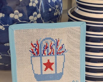 Hand-Painted Boat Tote Needlepoint Canvas – 18 mesh - Red White Blue Streamers, Americana Decor