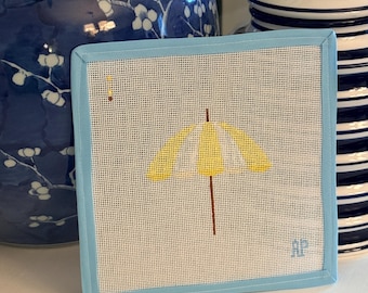 Hand-Painted Yellow Stripe Beach Umbrella Needlepoint Canvas – Coastal Preppy Decor