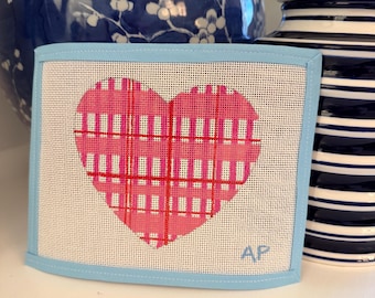 Heart Plaid Valentine’s Day Needlepoint Canvas – 18 Mesh – Holiday Ornament – Hand Painted Cute Canvas – Gift for Stitchers