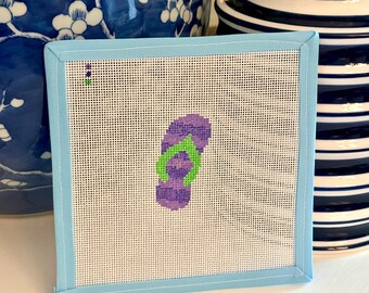 Hand-Painted Purple and Green Flip Flop Needlepoint Canvas - 18 pt - Summer Ornament, Beach Decor