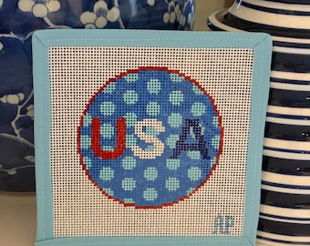Patriotic USA Needlepoint Canvas – 18 Mesh – Hand Painted Round Americana Canvas – Preppy 4th of July Decor