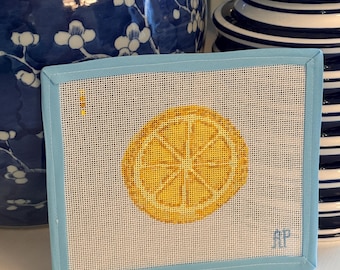 Lemon Slice Needlepoint Canvas – 18 Mesh – Hand Painted Summer Citrus Needlepoint – Bag Charm Ornament Canvas