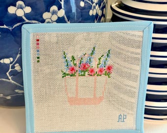 Pink Boat Tote Needlepoint Canvas - Floral Tote Bag Design - Preppy Summer Needlepoint - Beach Tote Canvas -Hand Painted 18 Mesh Needlepoint
