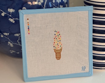 Hand-Painted Vanilla Ice Cream Cone Needlepoint Canvas – Colorful Sprinkles Design – 18 Mesh – Sweet Summer Dessert Needlepoint