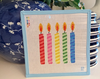 Hand-Painted Birthday Candles Needlepoint Canvas – Celebration Decor – 18 Mesh – Hand Painted Five Candle Design