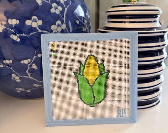 Corn on the Cob Needlepoint Canvas – 18 Mesh – Hand Painted Summer Decor – Whimsical Food Ornament