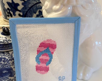 Hand-Painted Pink Flip Flop Needlepoint Canvas - 18 pt - Summer Ornament, Beach Decor
