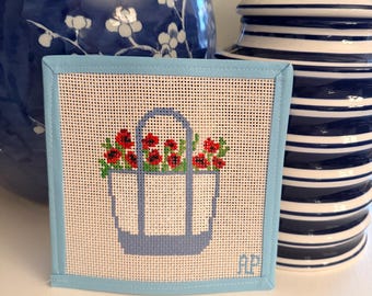 Canvas Tote with Red Poppy Flowers Needlepoint Canvas – 18 Mesh – Hand Painted Floral Tote – Preppy Spring Needlepoint Decor