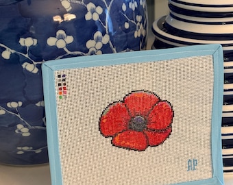 Red Poppy Flower Needlepoint Canvas – 18 Mesh – Hand Painted Floral Needlepoint – Botanical Garden Decor