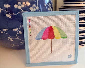 Colorful Beach Umbrella Needlepoint Canvas – 18 Mesh – Summer Beach Needlepoint – Hand Painted Canvas – Coastal Preppy Decor – DIY Stitching