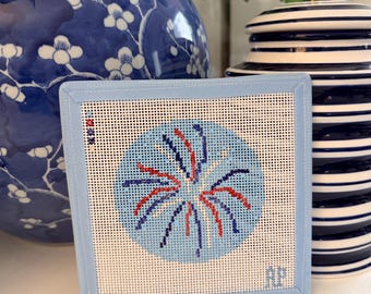 Hand-Painted Firework Burst Needlepoint Canvas – 18 Mesh – Round Red White Blue Americana Stitching
