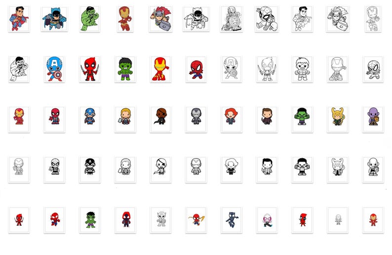 300+ high-quality superhero chibi files for instant download. Features small and cute vector versions of Spider-Verse, Avengers, and Justice League characters. Formats included: SVG, EPS, PNG, DXF, PDF. Perfect for printable coloring pages, classroom decor, or handmade gifts. A favorite for crafters and Etsy sellers.