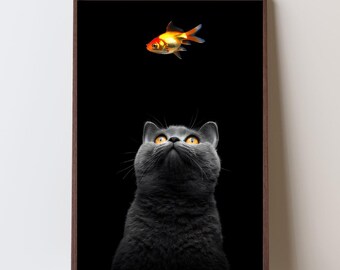 Black Cat Watching Goldfish Digital Wall Art Poster Instant Download Minimalist Animal Print