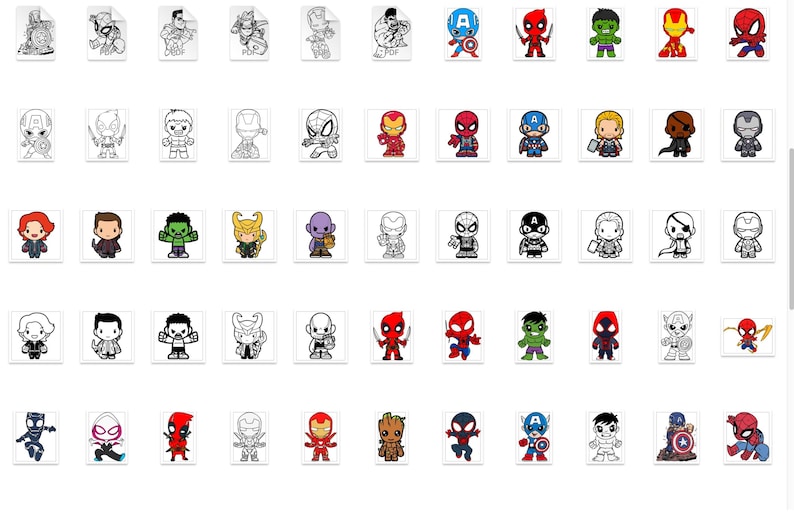Cartoon superhero SVG pack with 300+ kawaii-style characters in SVG, PNG, DXF, EPS, and PDF. Includes fan favorites from Marvel and DC Comics. Perfect for creating fun, colorful designs for kids clothing, mugs, backpacks, and planners. Use in Cricut or laser cutting software. Great for digital artists and moms crafting at home.