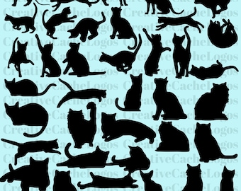 Può includere: Una collezione di sagome nere di gatti in varie pose, tra cui seduti, che saltano e si allungano. I gatti sono raffigurati in uno stile minimalista su uno sfondo azzurro chiaro, adatto per design a tema gatto.
