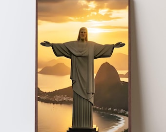 Jesus Christ Statue Sunset Digital Wall Art Poster Instant Download Religious Print Faith Decor