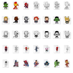 Cute mini superhero digital bundle featuring 300+ vector characters in multiple formats. Includes Marvel and DC chibi-style heroes like Loki, Groot, Black Panther, Wonder Woman, and Superman. Great for DIY party decor, sticker making, t-shirt printing, and nursery wall art. Files ready for instant download.