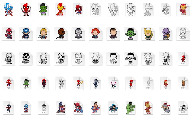Cute mini superhero digital bundle featuring 300+ vector characters in multiple formats. Includes Marvel and DC chibi-style heroes like Loki, Groot, Black Panther, Wonder Woman, and Superman. Great for DIY party decor, sticker making, t-shirt printing, and nursery wall art. Files ready for instant download.