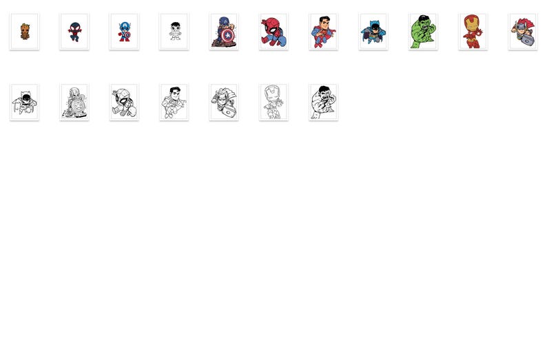 Massive cartoon hero clipart collection in chibi style. Over 300 digital illustrations compatible with Cricut, Silhouette, Glowforge. SVG, PNG, DXF, EPS, and PDF files include stylized mini heroes ideal for party favors, shirts, tumblers, or journals. Designed for fun, colorful crafting with instant access.