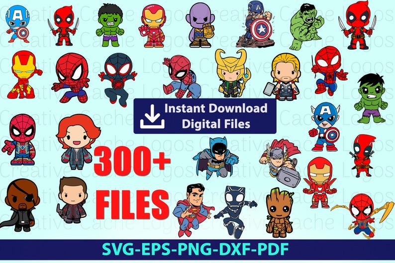 Chibi superhero clipart bundle with over 300 digital files in SVG, EPS, PNG, DXF, and PDF formats. Includes adorable cartoon versions of Iron Man, Spider-Man, Captain America, Hulk, Deadpool, Thor, and more. Ideal for Cricut, Silhouette, sublimation, kids birthday invitations, and printables. Perfect for designers, crafters, and comic fans.