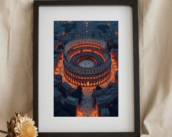 Rome Colosseum Night Wall Art Printable, Cinematic City Poster, Architecture Travel Digital Download