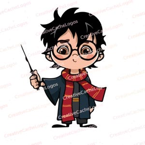 May include: A cartoon illustration of a young wizard with black hair, round glasses, and a red and gold scarf. He wears a dark blue robe and holds a wand. The image has a white background.