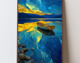 Starry Night Lake Boat Digital Wall Art Poster Instant Download Modern Landscape Print