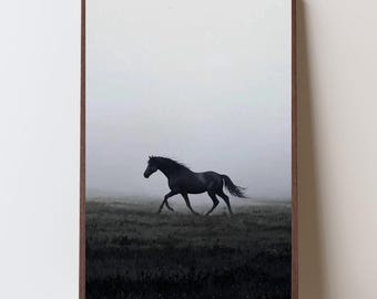 Black Horse Running Through Fog Digital Wall Art Poster Instant Download Nature Print