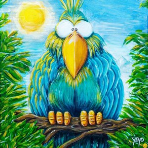 Aves del paraíso n.º 1: dibujo animado de un pájaro caprichoso, pintura acrílica sobre lienzo