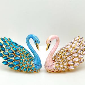 Swan Jewelry Box - Faberge Egg Style - Gold Jeweled Enamel Coated w/ Magnetic Closure - Pink & Blue