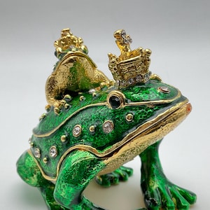 Frog Trinket Box - Faberge Style Jewelry Container - Jewel & Pearl Encrusted, Enamel Coated, Solid Metal Core w/ Magnetic Closure