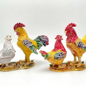 Rooster and Hen Jewelry Box - Faberge Style - Golden Jeweled & Enamel Coated w/ Magnetic Closure