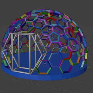 May include: A colorful geodesic dome structure with a metal frame inside. The dome is made of many hexagonal panels in various shades of blue, green, red, pink, and yellow.