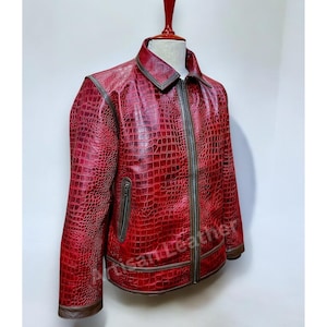 Blouson motard en cuir de crocodile pour homme Blouson en cuir bordeaux motif crocodile véritable veste en cuir de luxe Blouson imprimé crocodile
