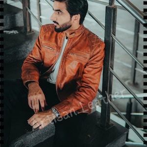 Mens Motorcycle Distressed Brown Genuine Leather Jacket Men&#39;s Cafe Racer Jacket Western Distressed Brown leather Jacket Vintage Handmade