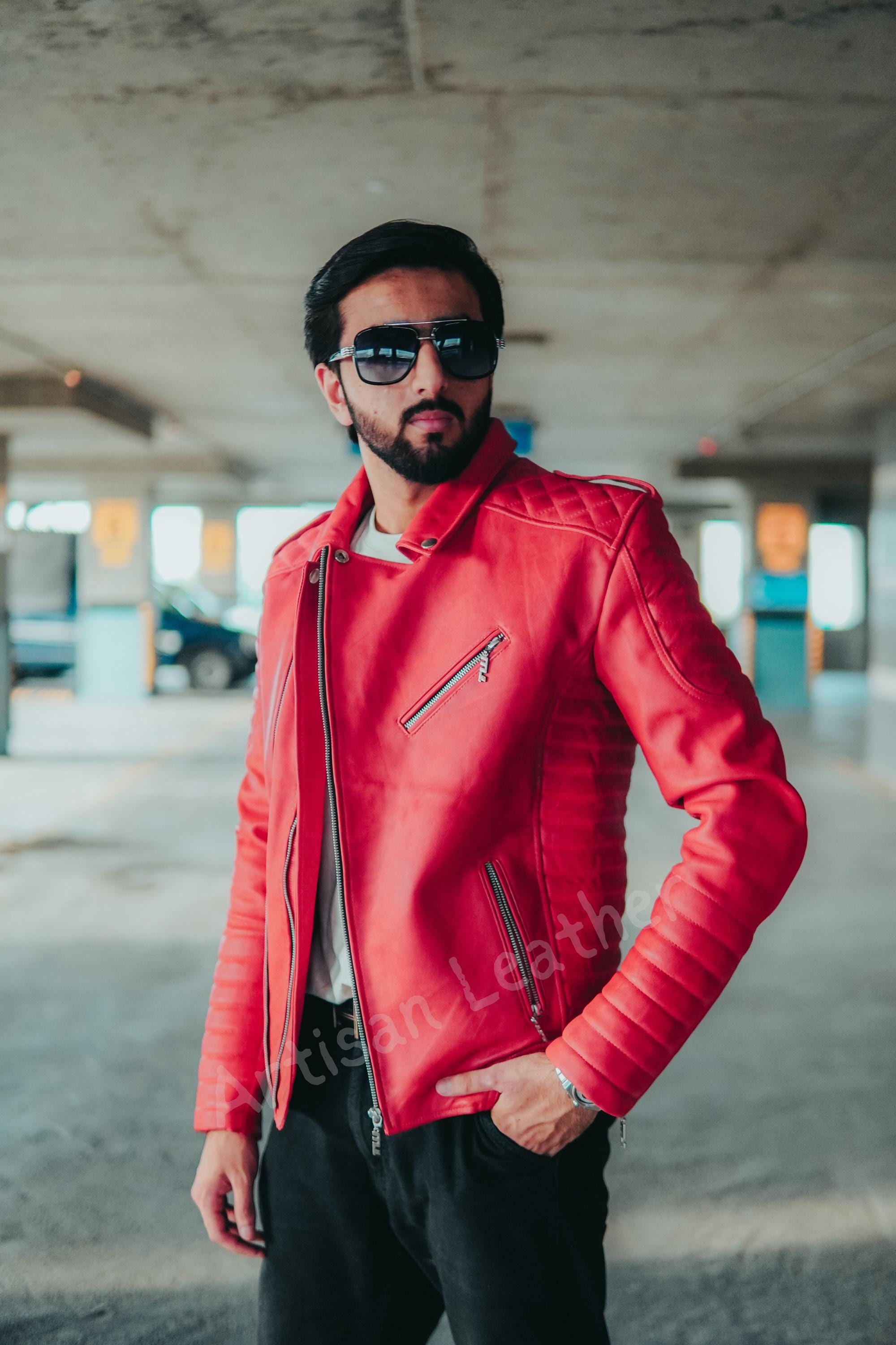 Men's Handmade Red Dimond Quilted Motorcycle Real Cafe Racer