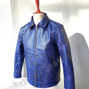 Veste homme bleue en cuir gaufré crocodile Veste en cuir de luxe véritable motif crocodile Veste imprimé crocodile Veste alligator gaufré