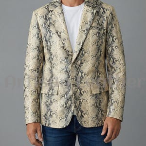 Mens Leather Coat Snake Skin Print Blazer Jacket Two Button Party Coat Premium Exotic Python Print Leather Blazer Jacket Coat
