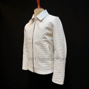Herren White Krokodil Geprägte Lederjacke Krokodilmuster Echte Luxus Lederjacke Krokodil Print Jacke Alligator Geprägte Jacke