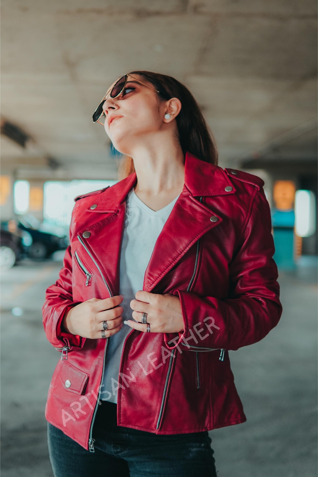 ALA Semi-Double Riders Jacket RED USED加工 Red Women's Lambskin Leather Jacket Ladies Jacket Biker Motorcycle