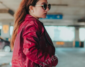 Red Women's Lambskin Leather Jacket Ladies Jacket Biker Motorcycle