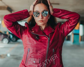 Red Women's Lambskin Leather Jacket Ladies Jacket Biker Motorcycle